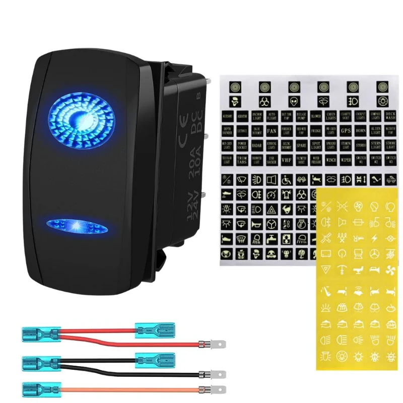 Interruptor basculante rectangular con LED azules e iconos adhesivos
