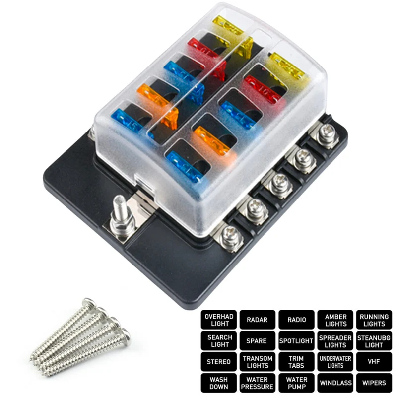 Caja de fusibles de cuchilla estándar de 10 vías con fusibles y etiquetas/conexiones de perno