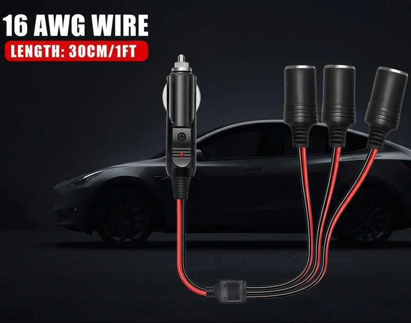 Adaptador divisor de enchufe para coche de 1 a 3, puerto de carga, enchufe, toma de corriente, divisor de 3 vías 16AWG con luz LED y fusible de 15A