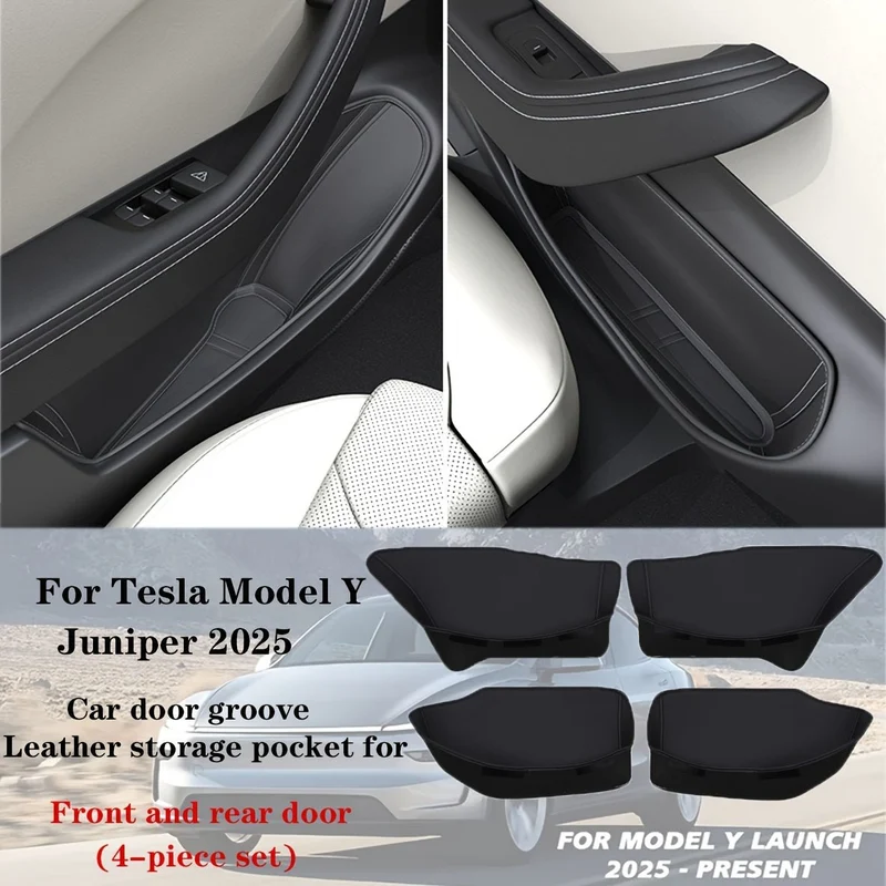 Alfombrillas protectoras interiores aptas para Tesla Model Y Juniper 2025+ | Tapetes para ranuras de puerta, tapetes de cuero sintético Napa para compartimento de almacenamiento, juego de 4 para puertas delanteras y traseras, para Tesla Model Y Juniper