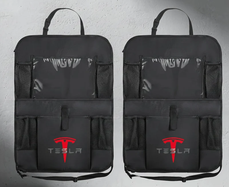Organizador para el respaldo del asiento del coche y protectores de patadas con temática de Tesla, fabricados en tela Oxford resistente con múltiples compartimentos.