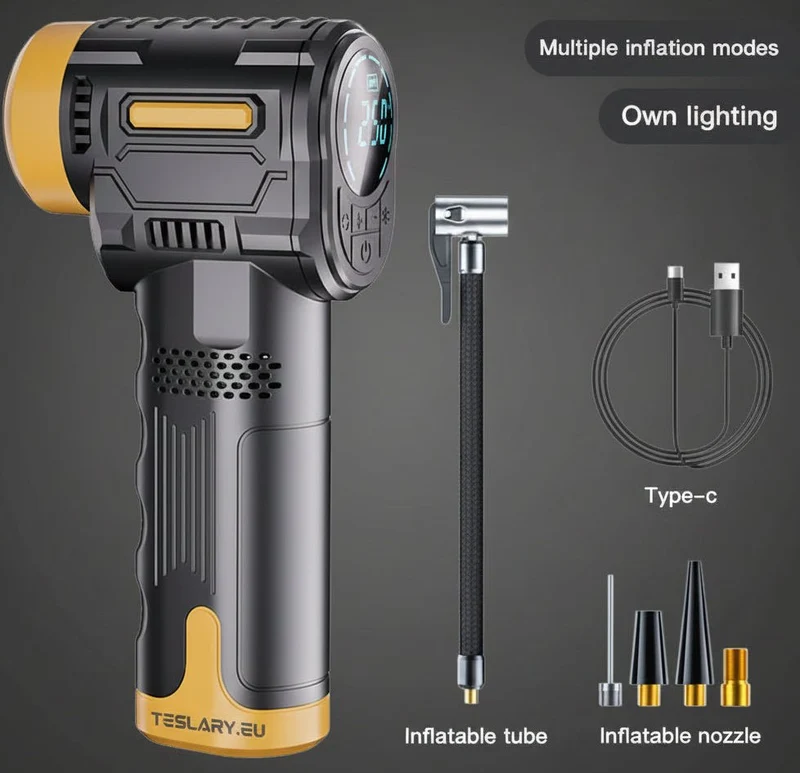 Compresor de aire portátil inteligente con pantalla digital, inflado rápido y luz LED para tu Tesla.