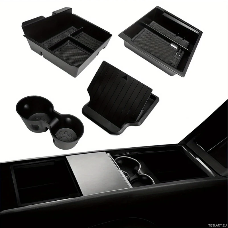 Tesla Model 3+ Tierras Altas / Model Kit organizador 4 en 1 para consola central Y Juniper, bandeja organizadora, material ABS, compartimento de almacenamiento con reposabrazos de deslizamiento suave y portavasos, compatible con Highland Model ¡SOLAMENTE!