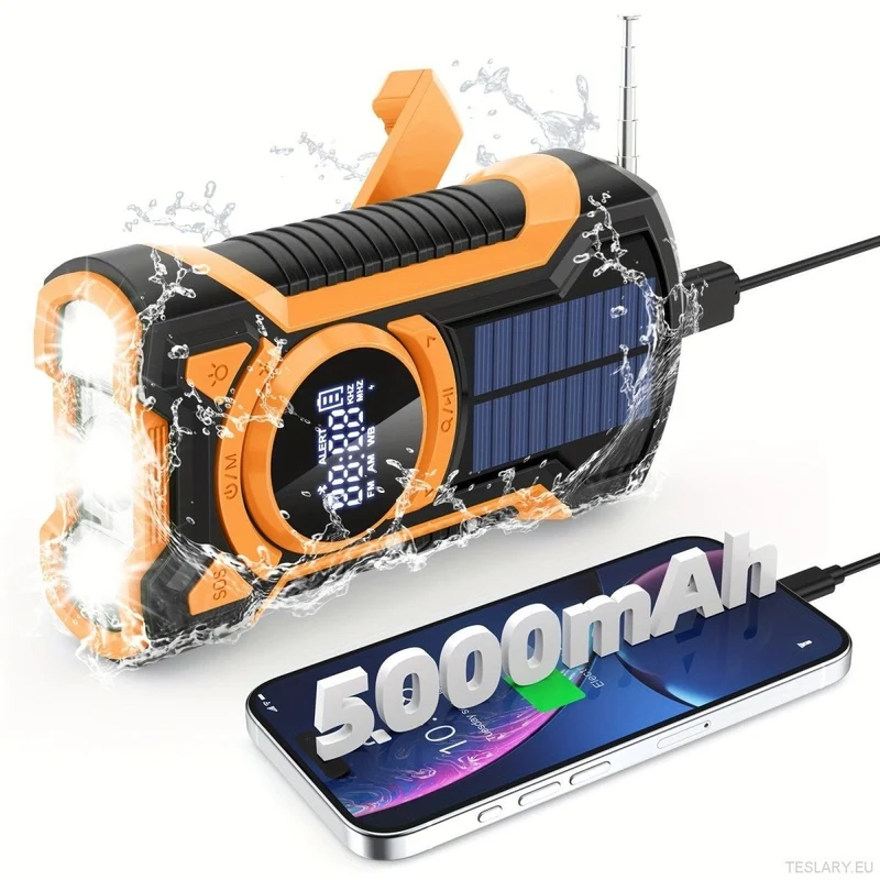 Radio de emergencia multifuncional Tesla y otros vehículos eléctricos, generador de manivela, linterna con SOS FM/AM/WB/BT 5000 mAh