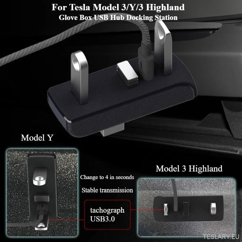 Tesla Model 3 / Y Hub USB y estación de acoplamiento para guantera (SOLO VOLANTE A LA IZQUIERDA)
