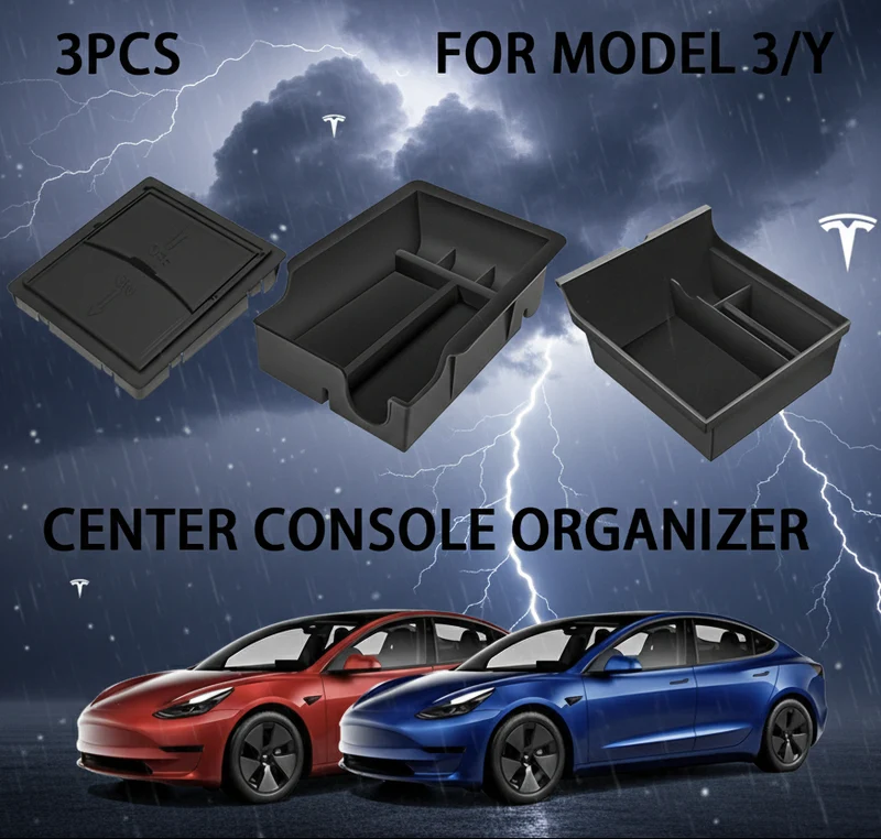 Kit organizador de 3 piezas para la consola central de Tesla Model 3 / Y Reposabrazos Cajón oculto, Bandeja delantera y trasera (aterciopelada)