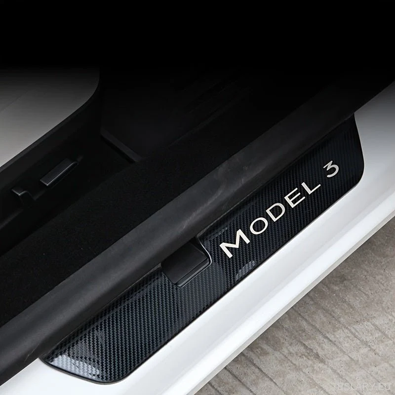 Tesla Model Edición Highland 3+ - Protectores de umbral de puerta con diseño de fibra de carbono