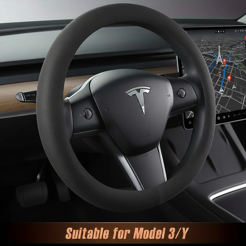 Funda para volante de Tesla Model 3/Y Diseño antideslizante con logotipo - Ajuste personalizado