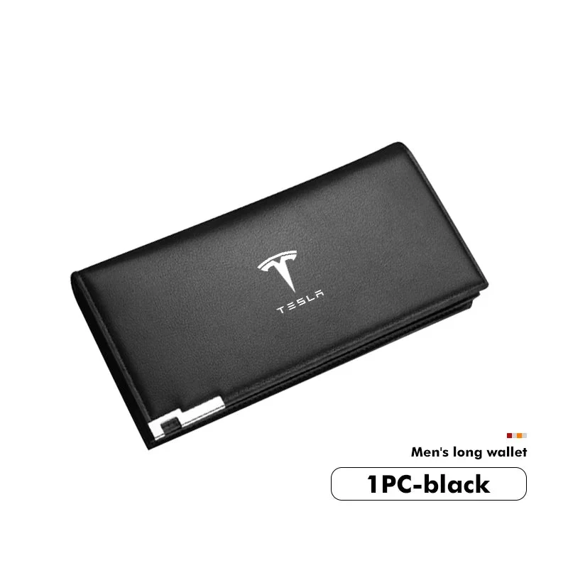 Cartera larga de cuero con cremallera y bloqueo RFID para hombre, con ranuras para tarjetas de crédito y licencia de conducir, y el logotipo de Tesla.