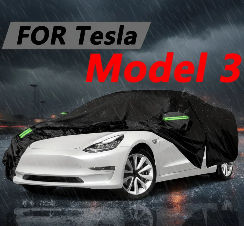 Tesla Model 3 puertas con cremallera, cubierta negra resistente al viento y a los rayos UV, seis bandas reflectantes para mayor seguridad nocturna.