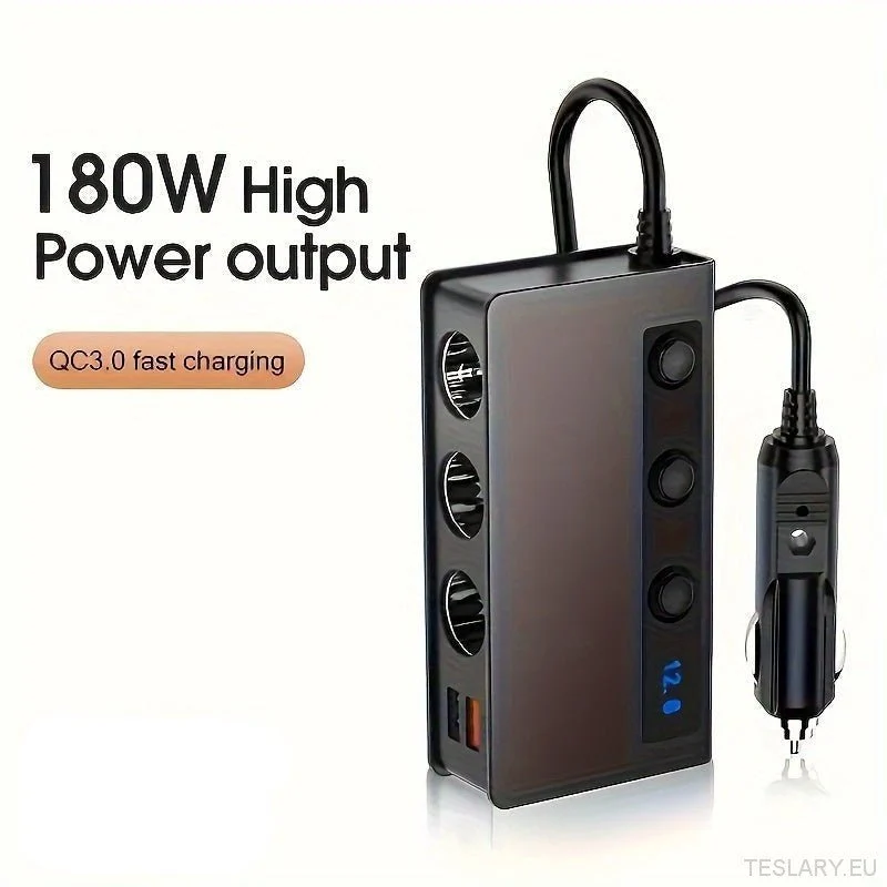 Cargador de coche de alta potencia de 120 W/180 W con dos puertos USB y pantalla de voltaje. Compatible con vehículos de 12 V/24 V. Adaptador de carga rápida.