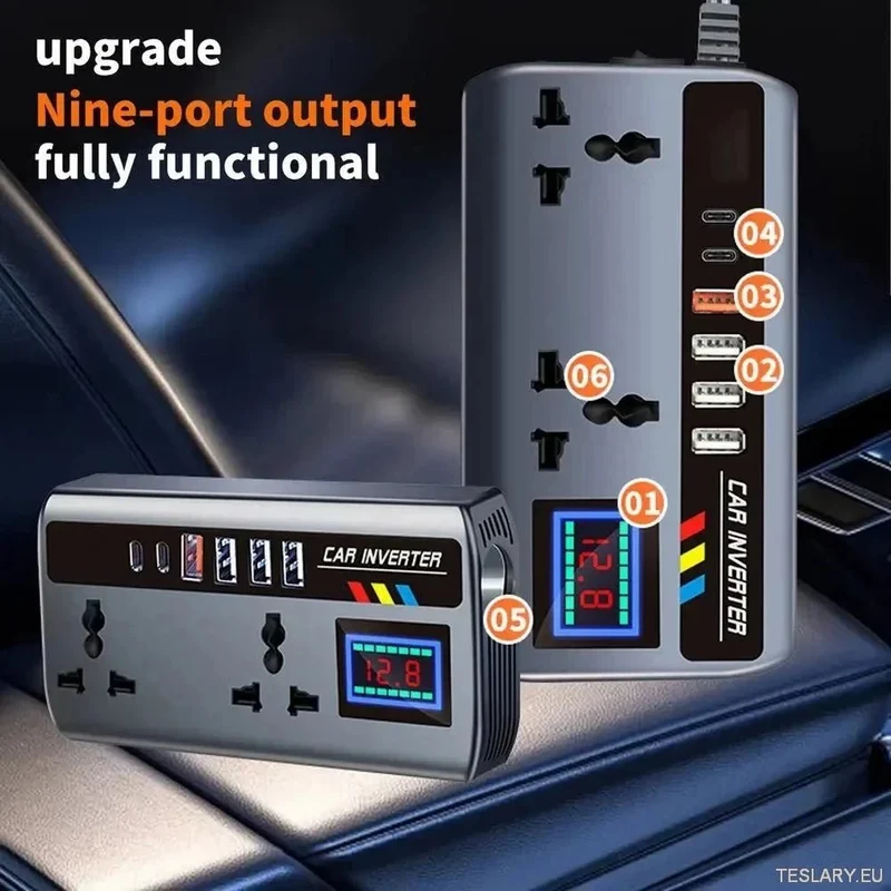 Inversor de corriente multipuerto para coche: 12 V/24 V a 220 V con 9 puertos de carga - Compatible con vehículos eléctricos
