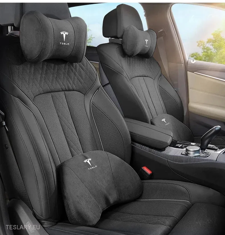 Almohada para el cuello y la espalda con espuma viscoelástica de cuero Tesla con logotipo