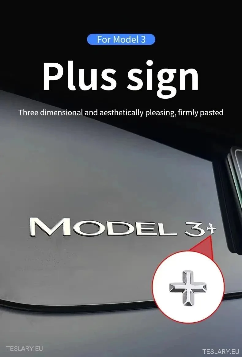 Tesla Model 3+ Largo alcance " + " logotipo plateado