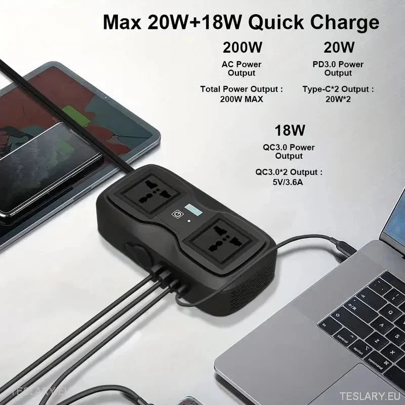 Inversor de 200 vatios, 12-15 V, 220 V, compatible con coches Tesla (solo Reino Unido e Irlanda)