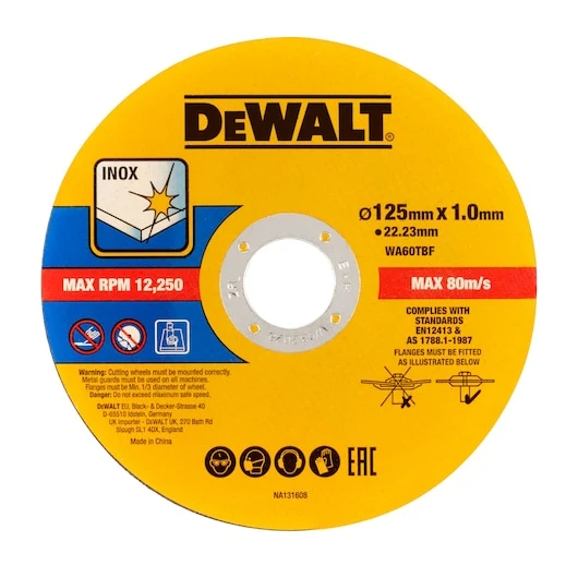 Disco de Amolado y Corte de Óxido de Aluminio para Acero Inoxidable y Metal 125x1mm Dewalt DT20598-QZ