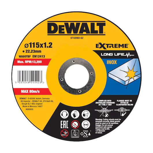 Disco Corte Plano INOX 115x1.2mm Thin Cut Dewalt DT43903-QZ
