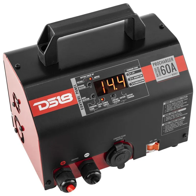 60 Ampere Selectable Charger and Power Supply. Good for Lead Acid, AGM, and Lithium Batteries Wire Clamps Included Made In Brazil