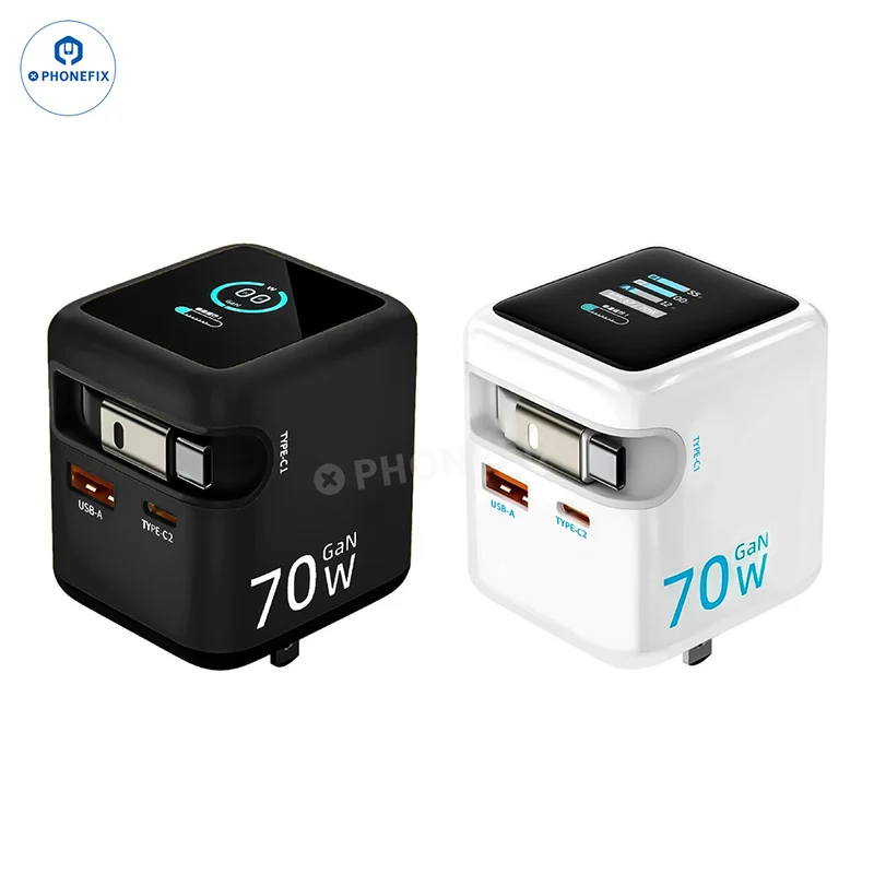 Cargador portátil GaN de 70 W con cable retráctil y pantalla táctil.