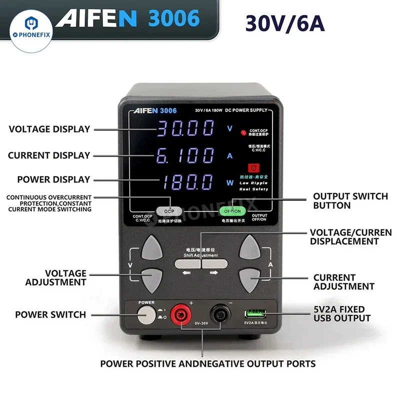 Fuente de alimentación AIFEN 3006 de 30 V, 6 A y 180 W CC para reparación de dispositivos móviles