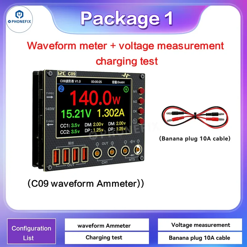 Amperímetro de forma de onda i2C C09 C10, medidor de voltaje y carga