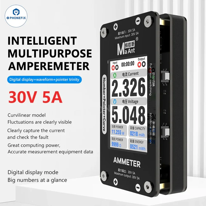 Amperímetro inteligente MaAnt DL-02 de 30 V y 5 A con indicador numérico y curva de visualización