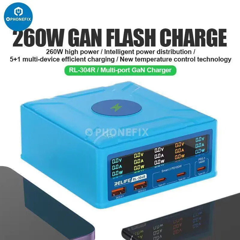Cargador multipuerto RELIFE RL-304R de 260 W con carga rápida inalámbrica
