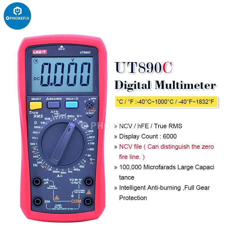 Multímetro digital con pantalla LCD de verdadero valor eficaz UNI-T UT890C/D+, medidor de capacitancia