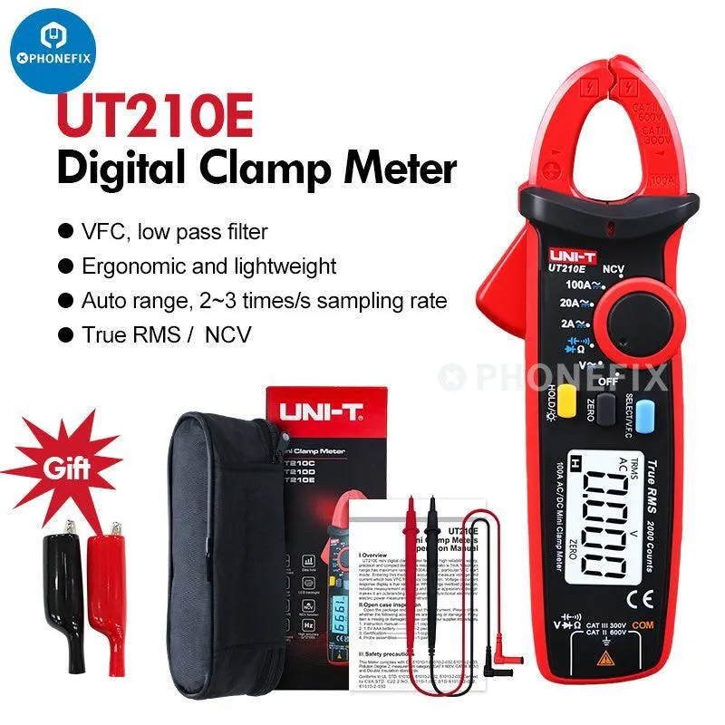 Pinza amperimétrica digital UNI-T UT210E, comprobador de voltaje de corriente CA/CC