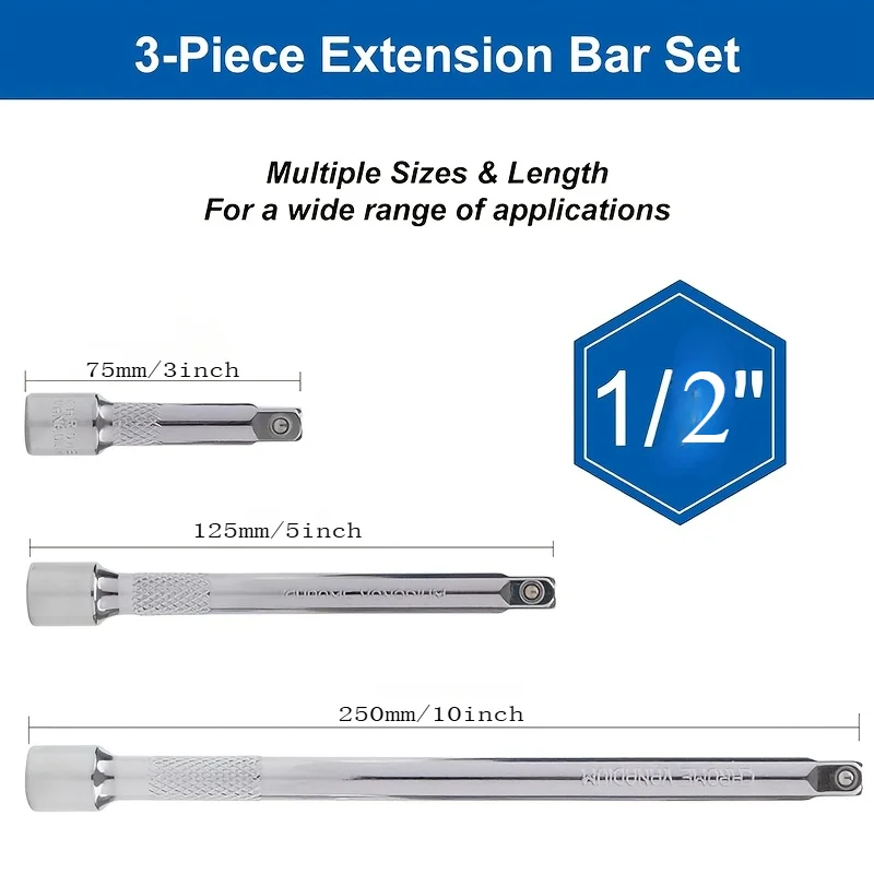 Ratchet Wrench Extension Bar Set – 3-Pc | 1/4", 3/8" & 1/2" Drive | 50/100/150/250mm Socket Extender Kit