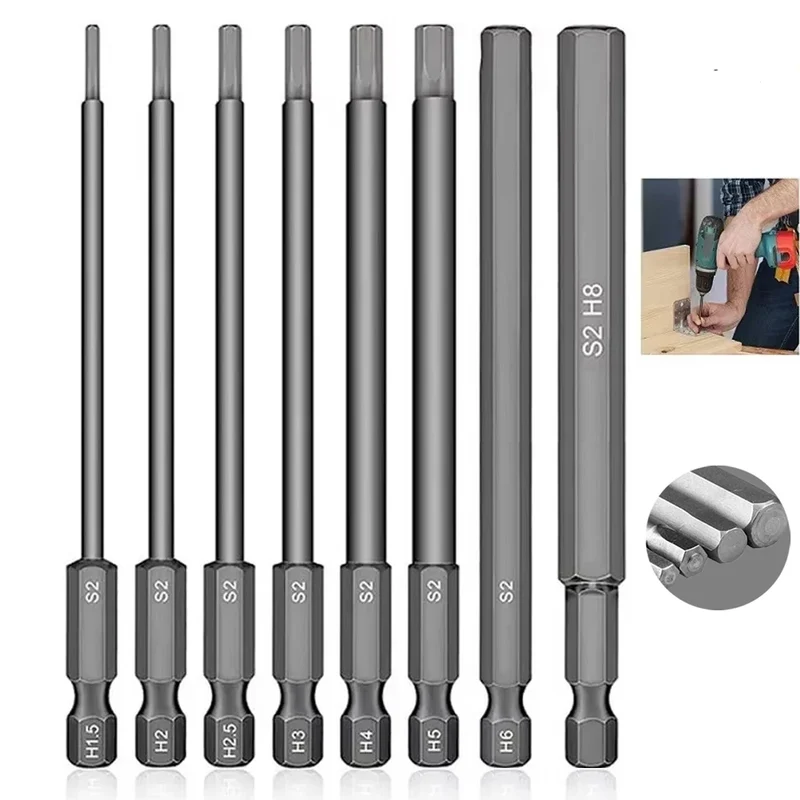 8-Pc Hex Head Allen Wrench Drill Bit Set – SAE & Metric | 100mm Electric Screwdriver Bits