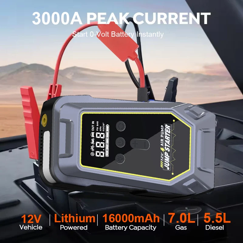 GKFLY Car Jump Starter Air Pump 150PSI Tyre Compressor 3000A Starter Device 16000mAh Power bank Cars Battery Starters Starting