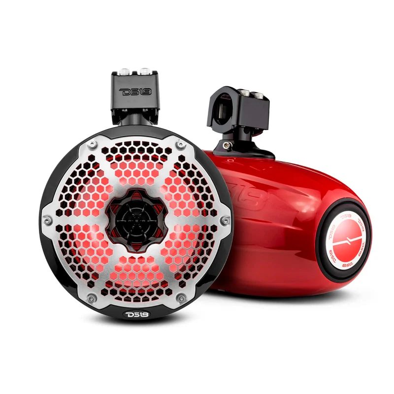 NXL 8" Neodymium Marine and Powersports Towers with Built-in Passive Radiator, 1" Driver and LED RGB Lights 180 Watts Rms -Red
