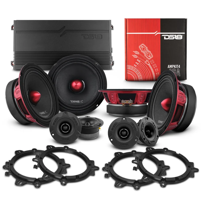 Pro Audio Speaker + Tweeter Bundle: 6.5" Midrange Speakers and 3.8" Bullet Tweeters with OEM Speaker Adapters, Amplifier, and Wiring Kit