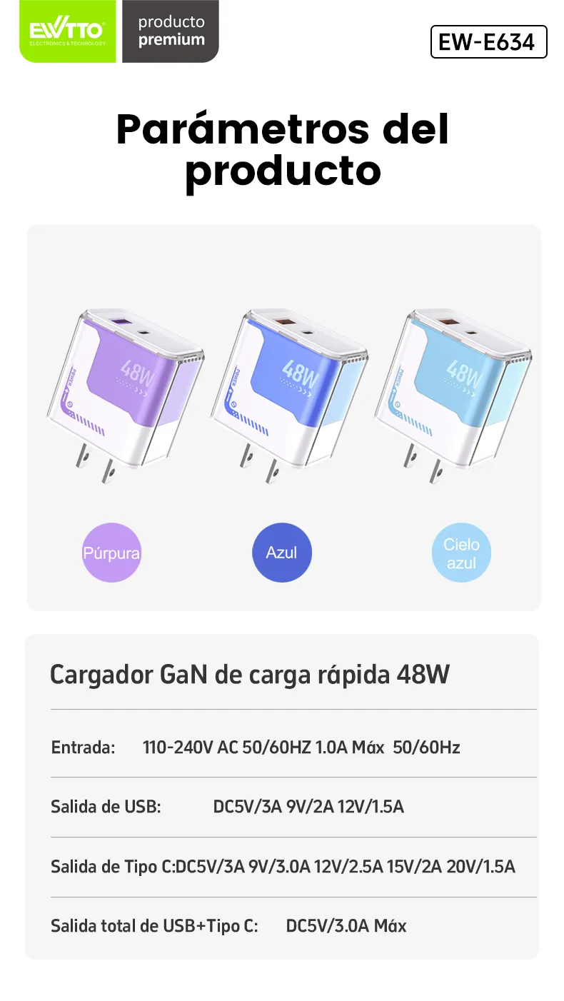 Cargador GaN EW-E634 | 48W, Carga Rápida, Compacto
