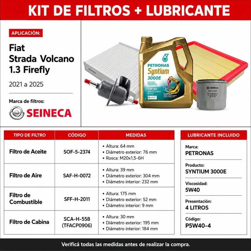 Kit Filtros Fiat Strada Volcano 1.3 Firefly 2021/2025 - Seineca