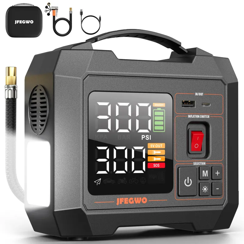 JFEGWO Air 5-300 Tire Inflator Portable Air compressor 150PSI Black