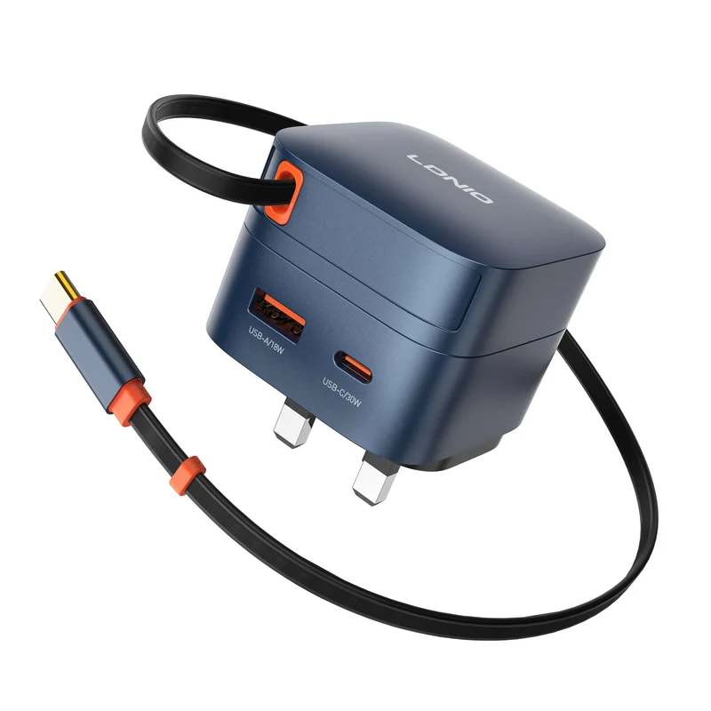 LDNIO Q10 – Cargador rápido 65W con cable retráctil integrado