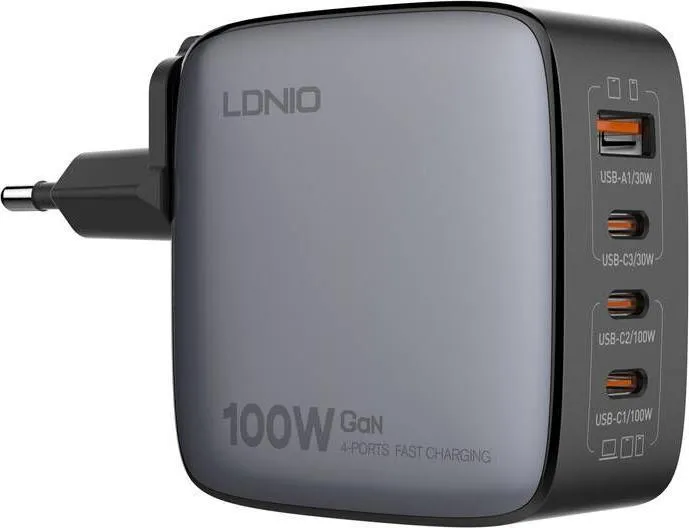 LDNIO CARGADOR Q408 – GaN 100W multipuerto con enchufes EU/US/UK