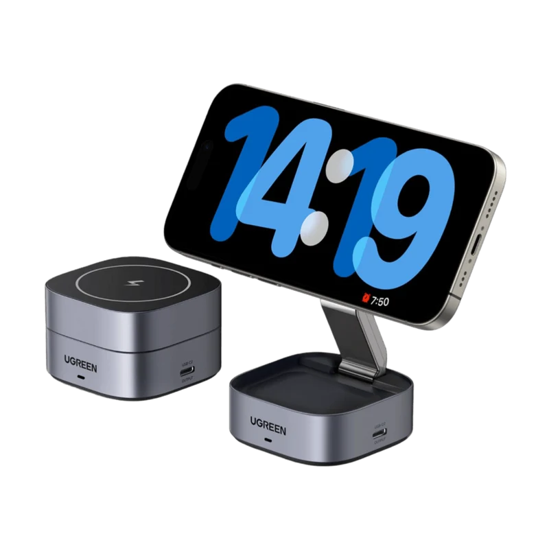 UGREEN MagFlow 2-in-1 Wireless Charger (Qi 15W, MagSafe Compatible, Foldable)